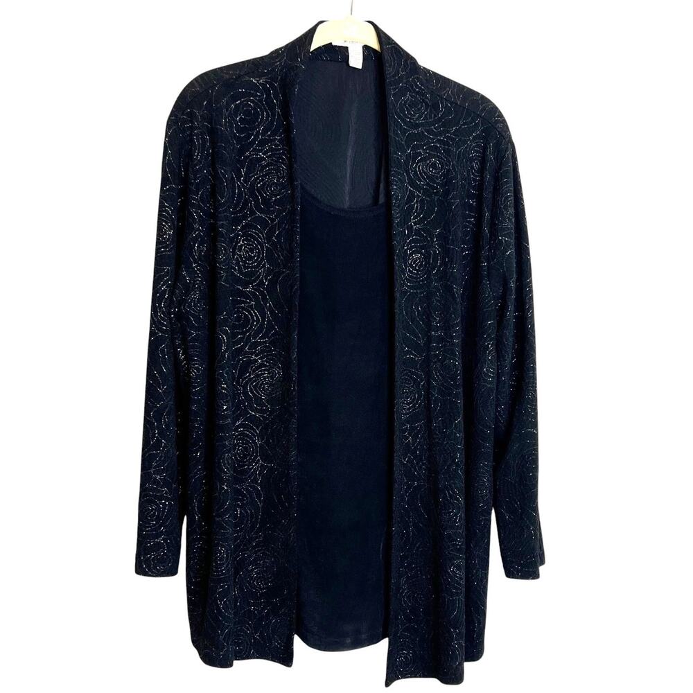 JM Collection Womens Slinky Knit Faux Twinset Cardigan XL Black Metallic Floral